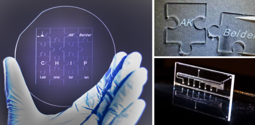 zur Vergrößerungsansicht des Bildes: Fotocollage eines Laserstrukturierungssystems zur Erzeugung von Mikro- und Nanostrukturen in Glas und Polymeren (LasMino).