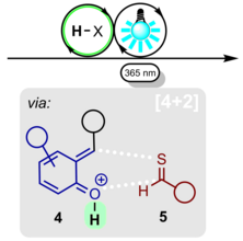 Abbildung zeigt die Kooperative Photo-induzierte-/Brønsted Säure-katalysierte Cycloaddition von in-situ erzeugten Thioaldehyden und ortho-Chinonmethiden zur Synthese von Benzo[e][1,3]oxathiinen