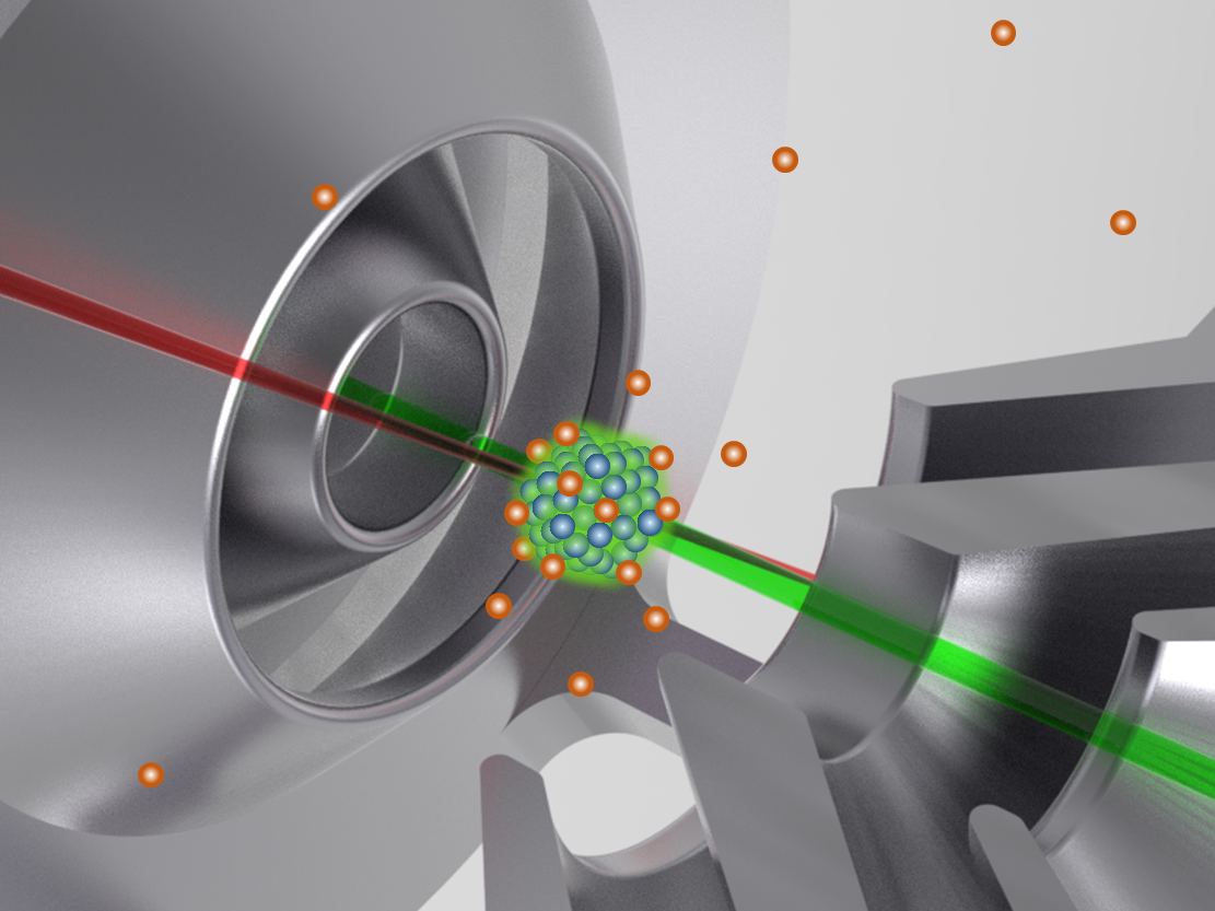Abbildung der Wechselwirkung eines einzelnen Nanopartikels mit einem Laserstrahl in einer Paulfalle. (Abbildung: Benjamin Hoffmann)