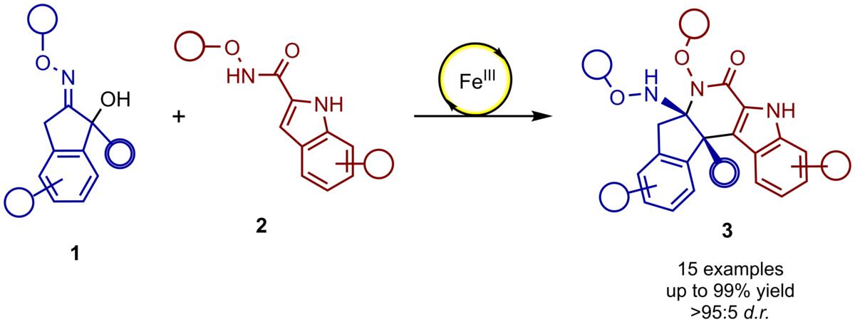 zur Vergrößerungsansicht des Bildes: Die Abbildung zeigt die Eisen(III)-katalysierte (4+2)-Cycloanellierung von 2-Hydroxyketoximethern mit Indol-2ylamiden zur Synthese von Indol-verknüfpten 2-Piperidinonen.