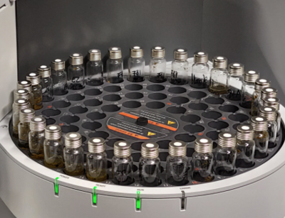Samples in a Headspeace autosampler for GCMS analysis