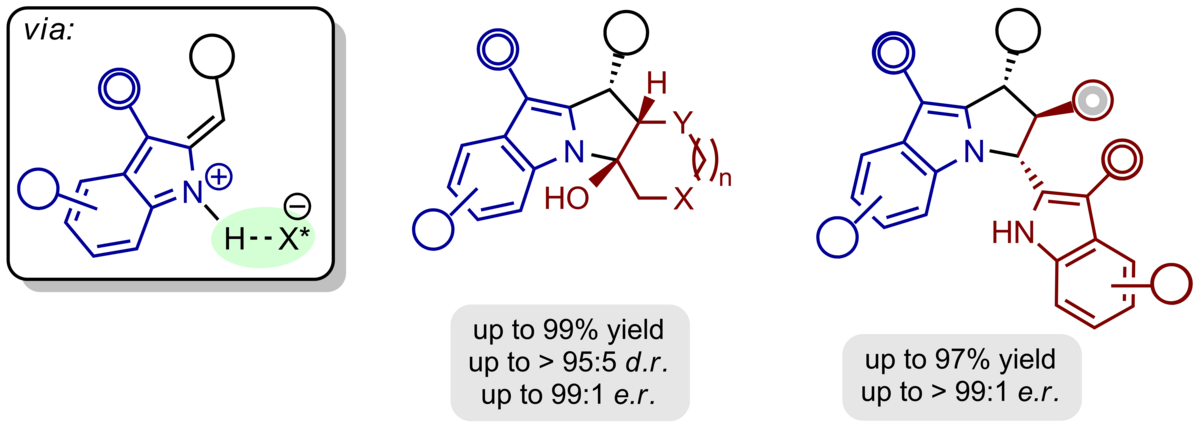 Abbildung von einem Alkylidenindolmotiv in Verbindung mit zwei chiralen Beispielprodukten, die sich in ihrer multi- und heterocyclischen Struktur erheblich unterscheiden
