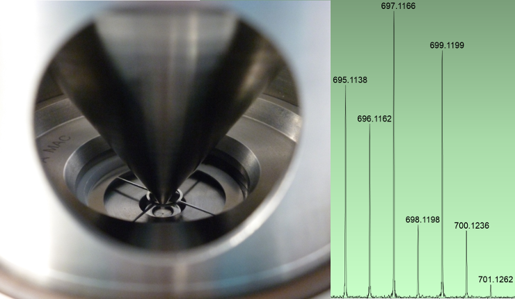 Foto des Skimmers mit Fokusierungsring des Vakuuminterfaces eines API2000 Massenspektrometers (links) und hochaufgelöstes ESI MS-Spektrum einer Beispielsubstanz (recht)