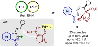 The image shows the enantioselective annulation of α,β-unsaturated N-acyliminium ions with β-keto ester enolates via cooperative palladium/Brønsted acid catalysis.