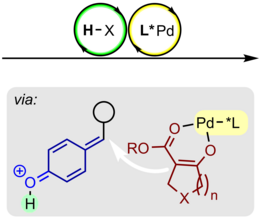 The figure shows enantioselective 1,6-addition of β-ketoesters to in situ generated para-quinone methides by palladium/Brønsted acid cooperative catalysis