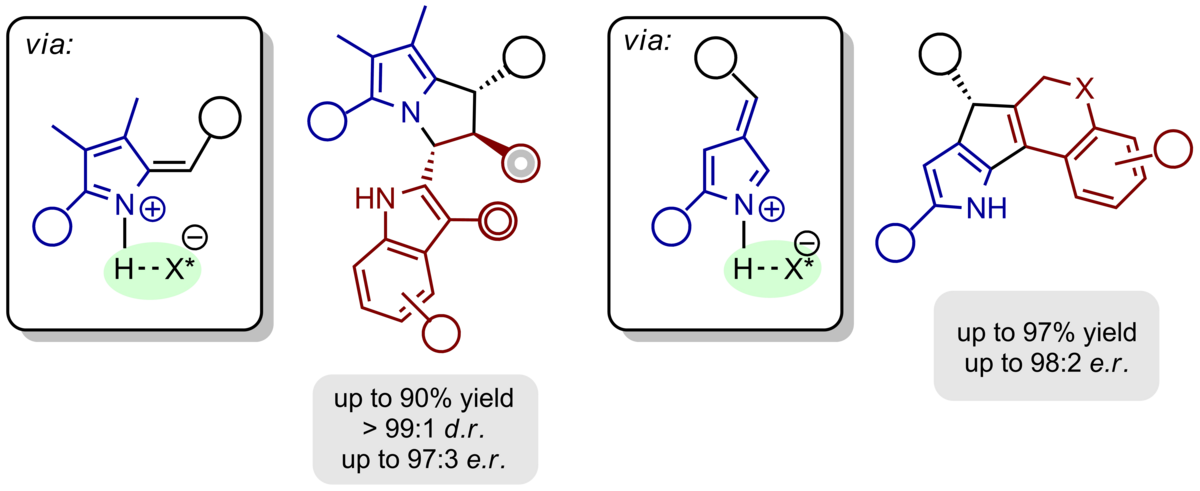 zur Vergrößerungsansicht des Bildes: Abbildung von zwei Alkylidenpyrrolenmotiven in Verbindung mit je einem chiralen Beispielprodukt, die sich in ihrer multi- und heterocyclischen Struktur erheblich unterscheiden