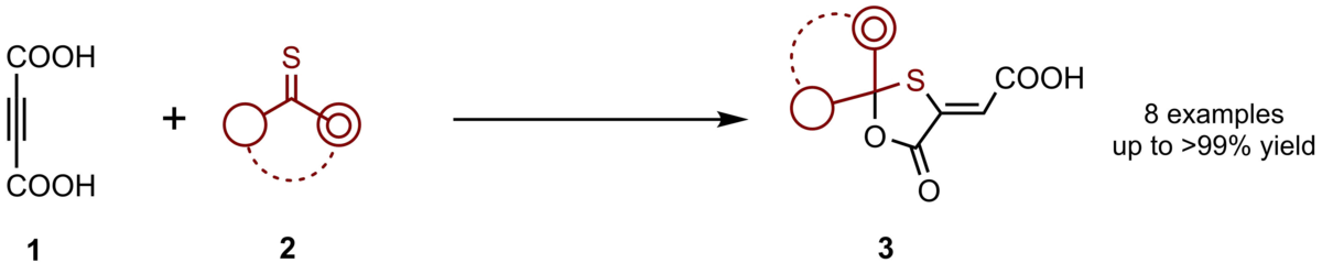 zur Vergrößerungsansicht des Bildes: Die Abbildung zeigt die Reaktion von Thioketonen mit Alkinen in einer (3+2) Cycloaddition.