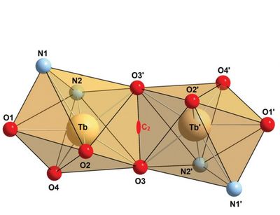 Eine Koordinationssphäre eines 'single-molecule-magnet'-Komplexes ist abgebildet.