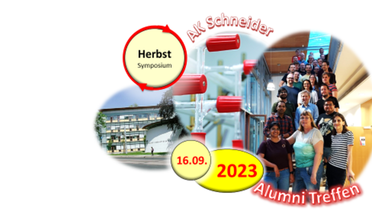 Das Bild zeigt das aktuelle Team und die Alumni des Arbeitskreises von Prof. Christoph Schneider zum Herbstsymposium 2023 im Foyer der Fakultät für Chemie und Mineralogie der Universität Leipzig.