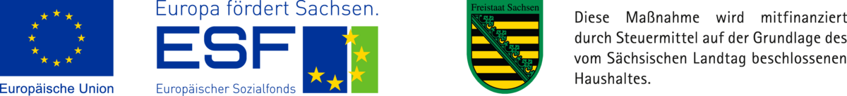 zur Vergrößerungsansicht des Bildes: Bild zeigt EU-ESF Logo-Kombination mit der Abbildung der EU-Flagge (links), des Europäischen Sozialfonds (mittig) und das Emblem des Freistaates Sachsen (rechts) 