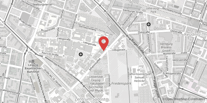 the map shows the following location: Institute of Forensic Medicine, Johannisallee 28, 04103 Leipzig